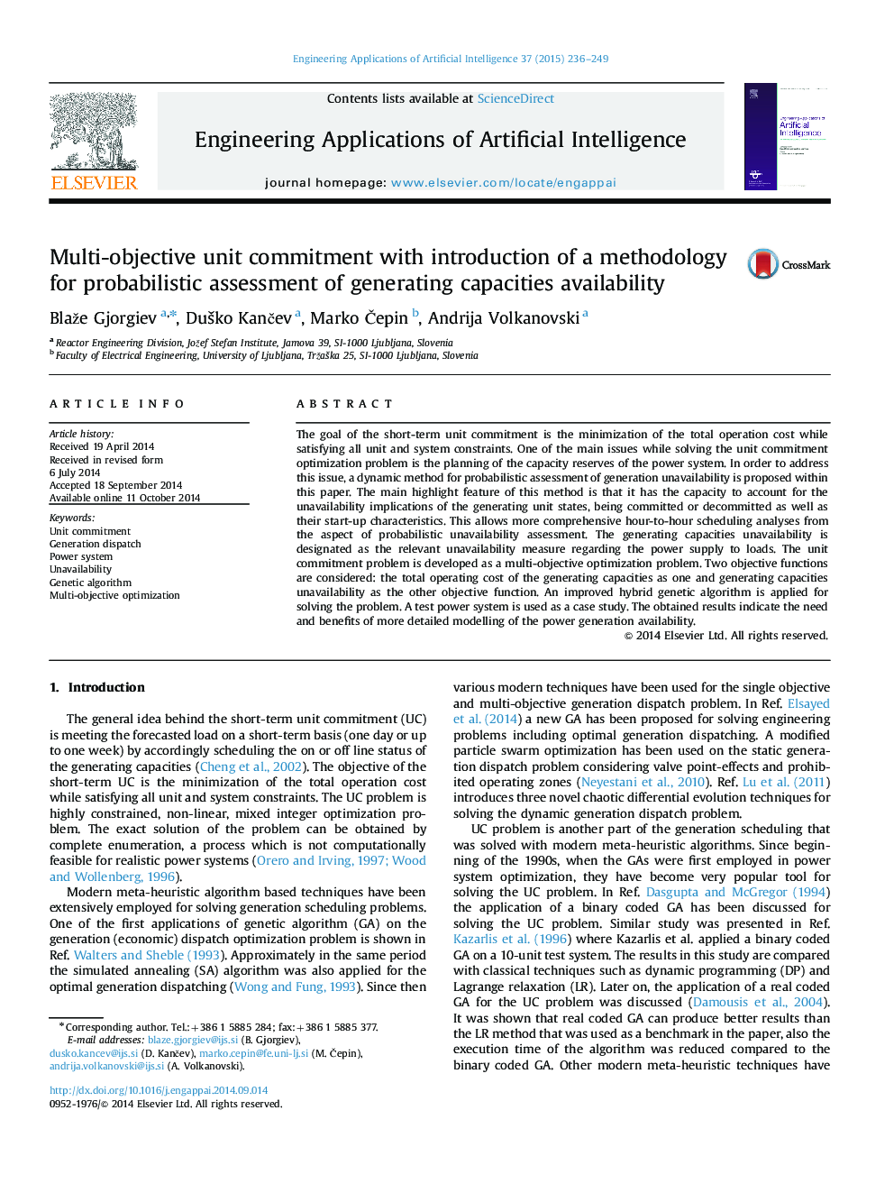 Multi-objective unit commitment with introduction of a methodology for probabilistic assessment of generating capacities availability