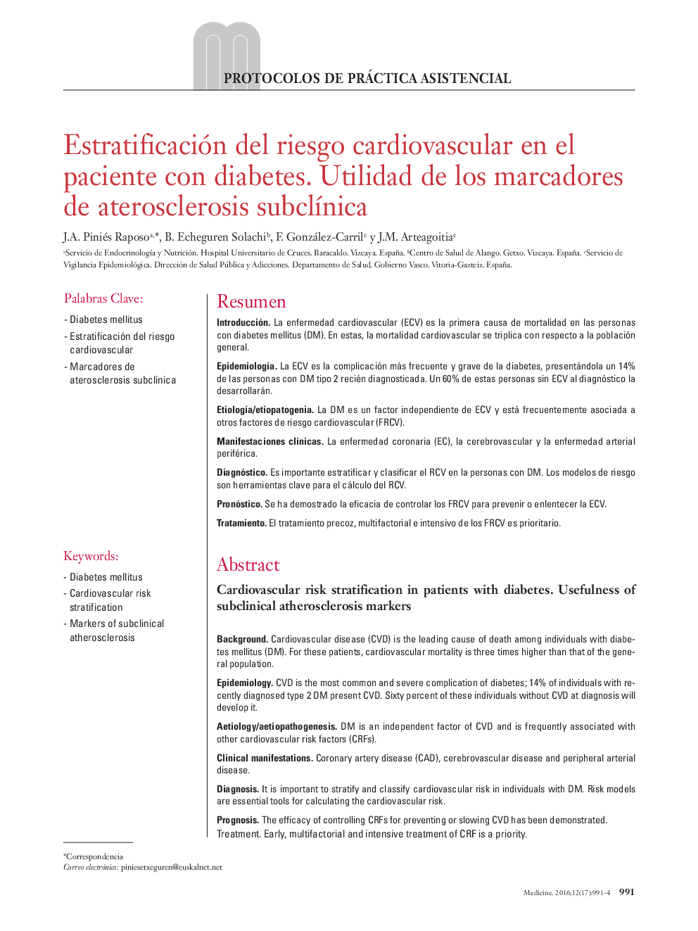 Estratificación del riesgo cardiovascular en el paciente con diabetes. Utilidad de los marcadores de aterosclerosis subclínica