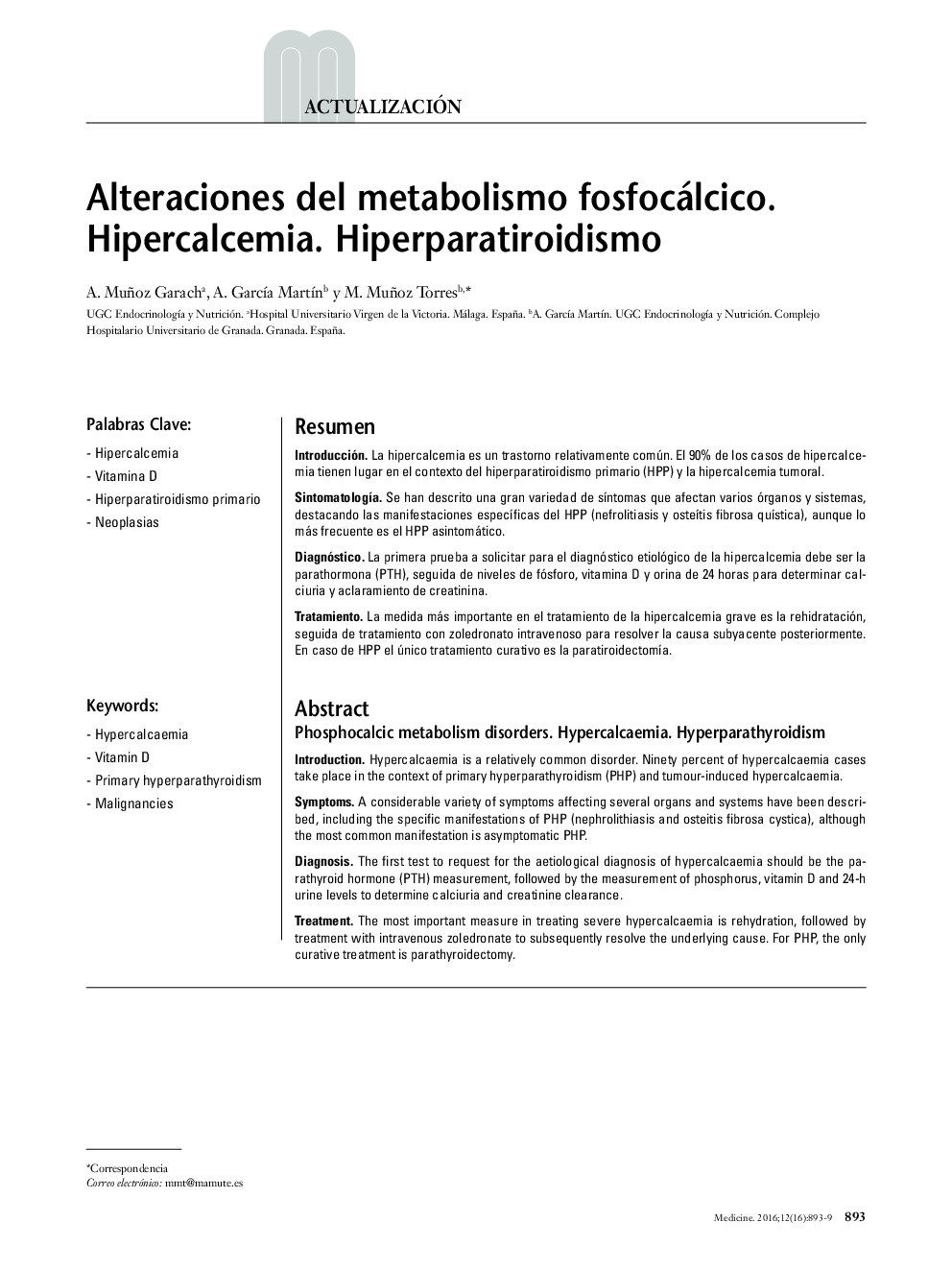 Alteraciones del metabolismo fosfocálcico. Hipercalcemia. Hiperparatiroidismo