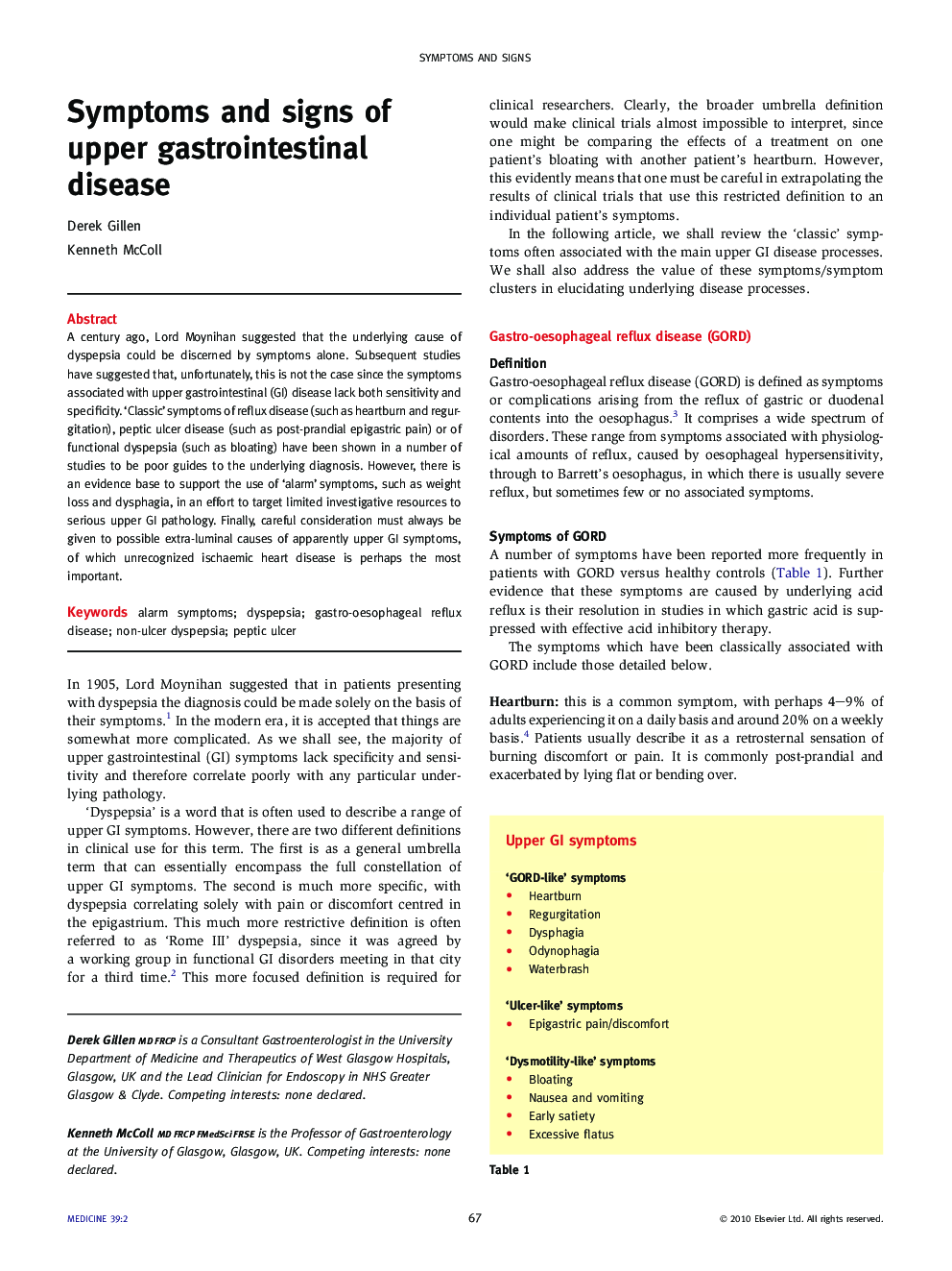 Symptoms and signs of upper gastrointestinal disease