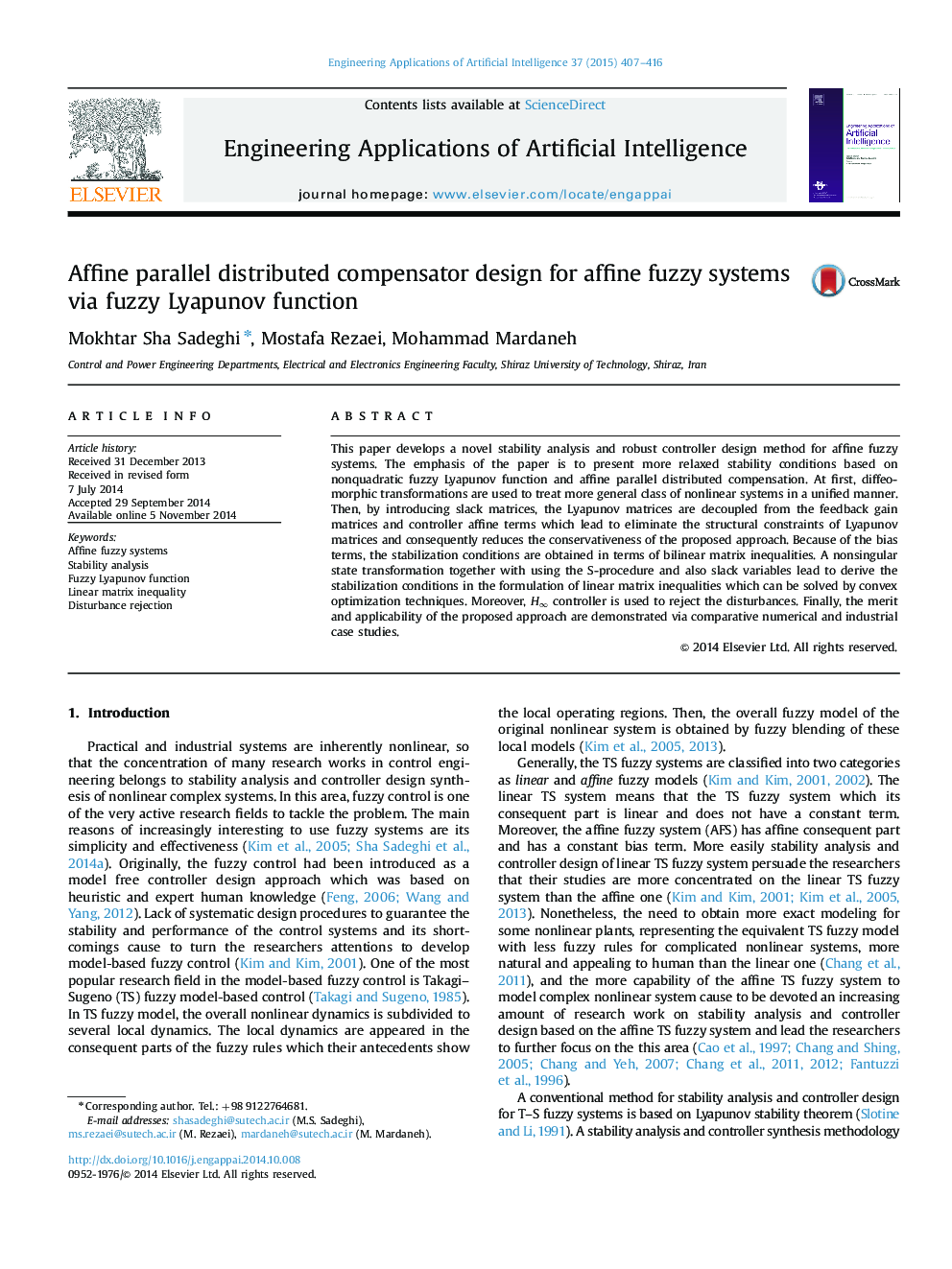 Affine parallel distributed compensator design for affine fuzzy systems via fuzzy Lyapunov function