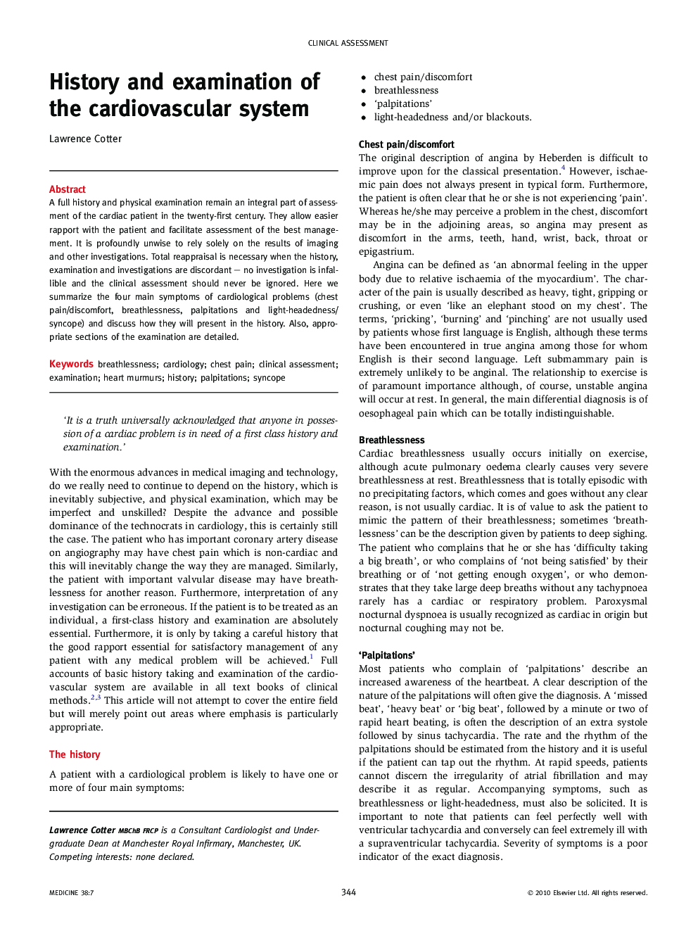 History and examination of the cardiovascular system