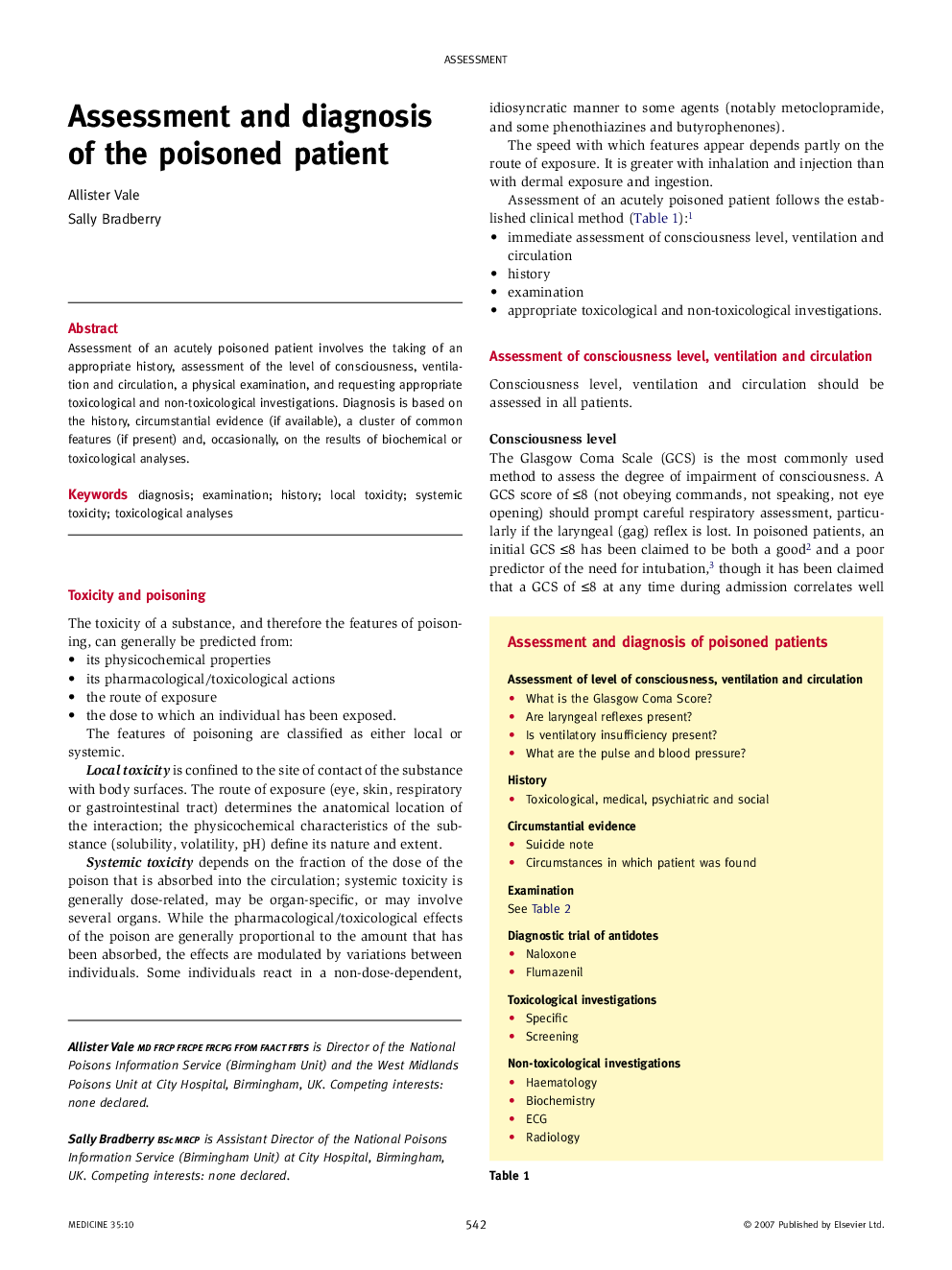 Assessment and diagnosis of the poisoned patient