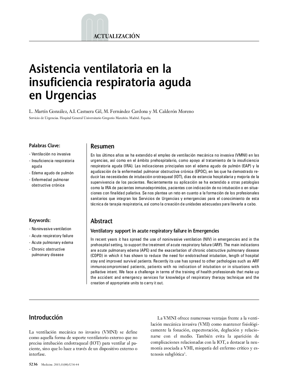 Asistencia ventilatoria en la insuficiencia respiratoria aguda en Urgencias