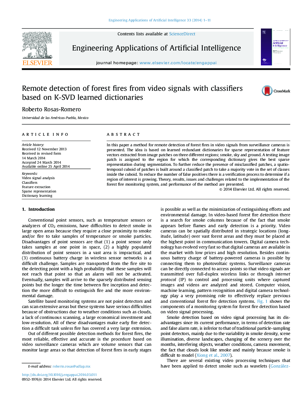 Remote detection of forest fires from video signals with classifiers based on K-SVD learned dictionaries