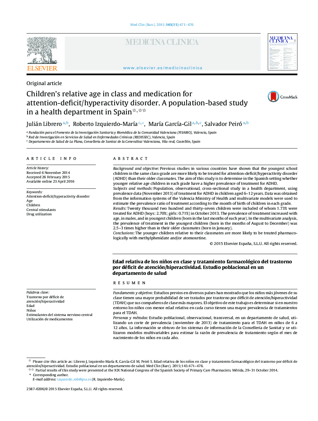 Children's relative age in class and medication for attention-deficit/hyperactivity disorder. A population-based study in a health department in Spain 