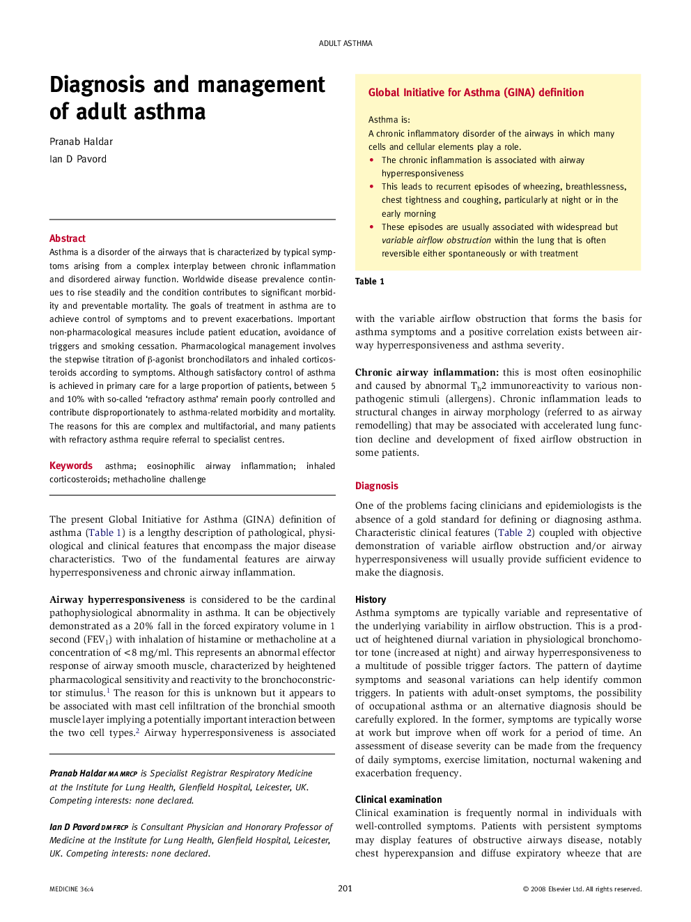 Diagnosis and management of adult asthma