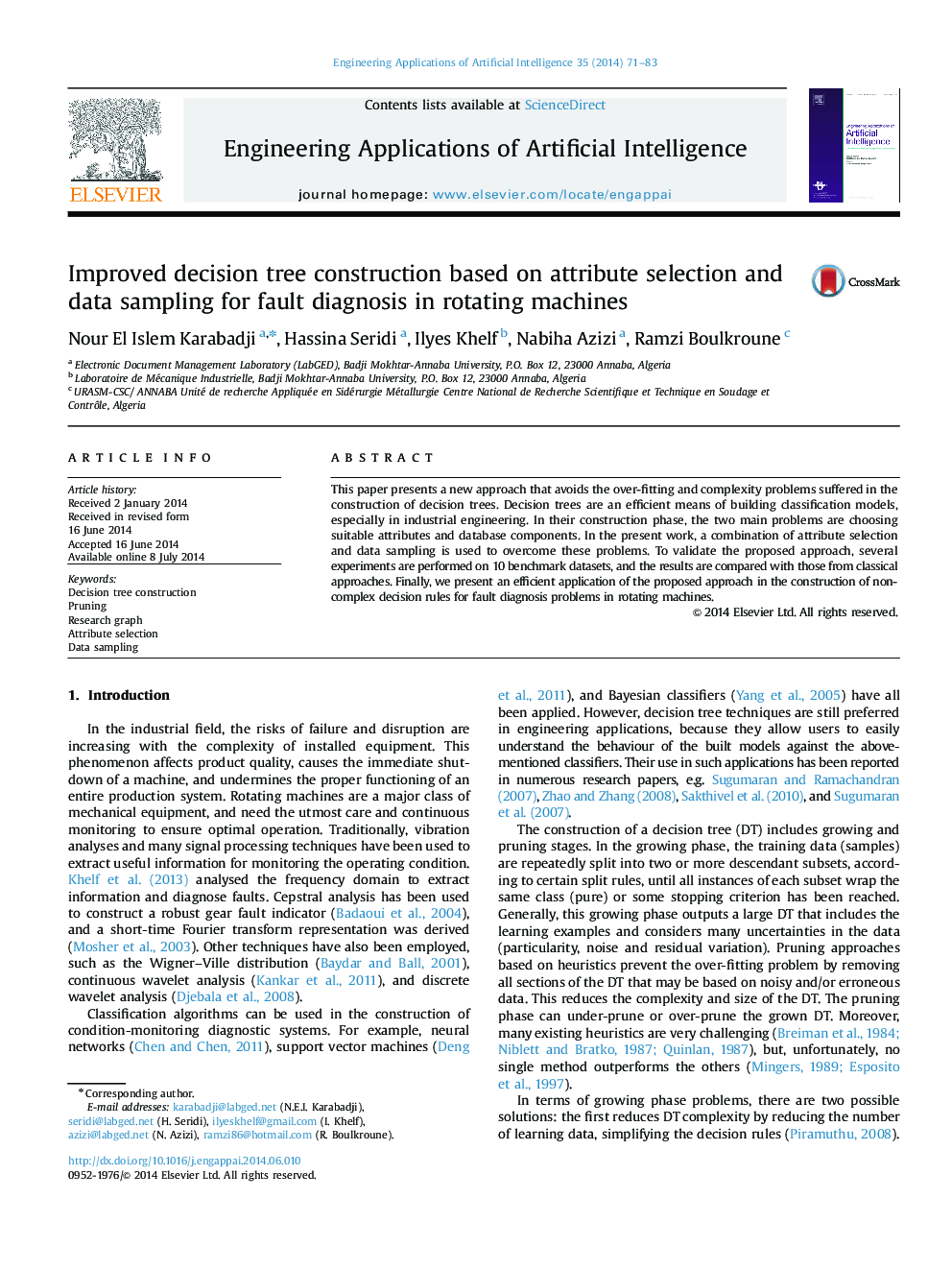 Improved decision tree construction based on attribute selection and data sampling for fault diagnosis in rotating machines