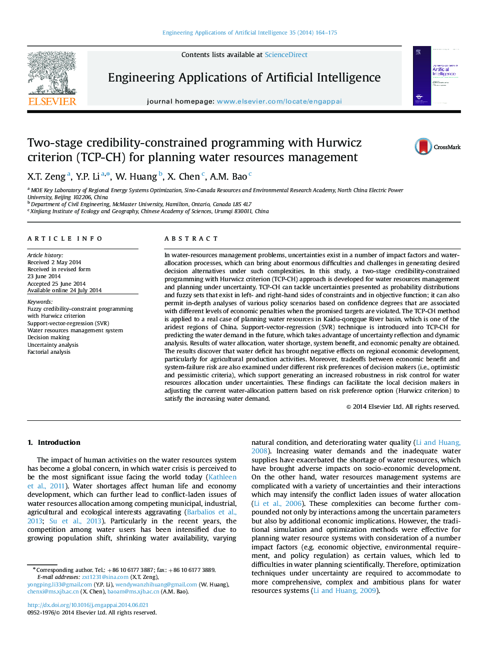 Two-stage credibility-constrained programming with Hurwicz criterion (TCP-CH) for planning water resources management