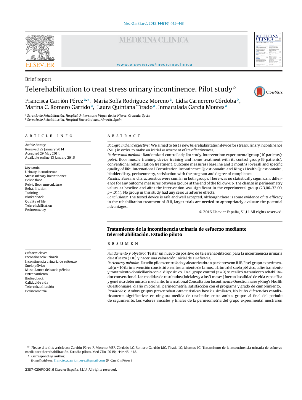 Telerehabilitation to treat stress urinary incontinence. Pilot study 