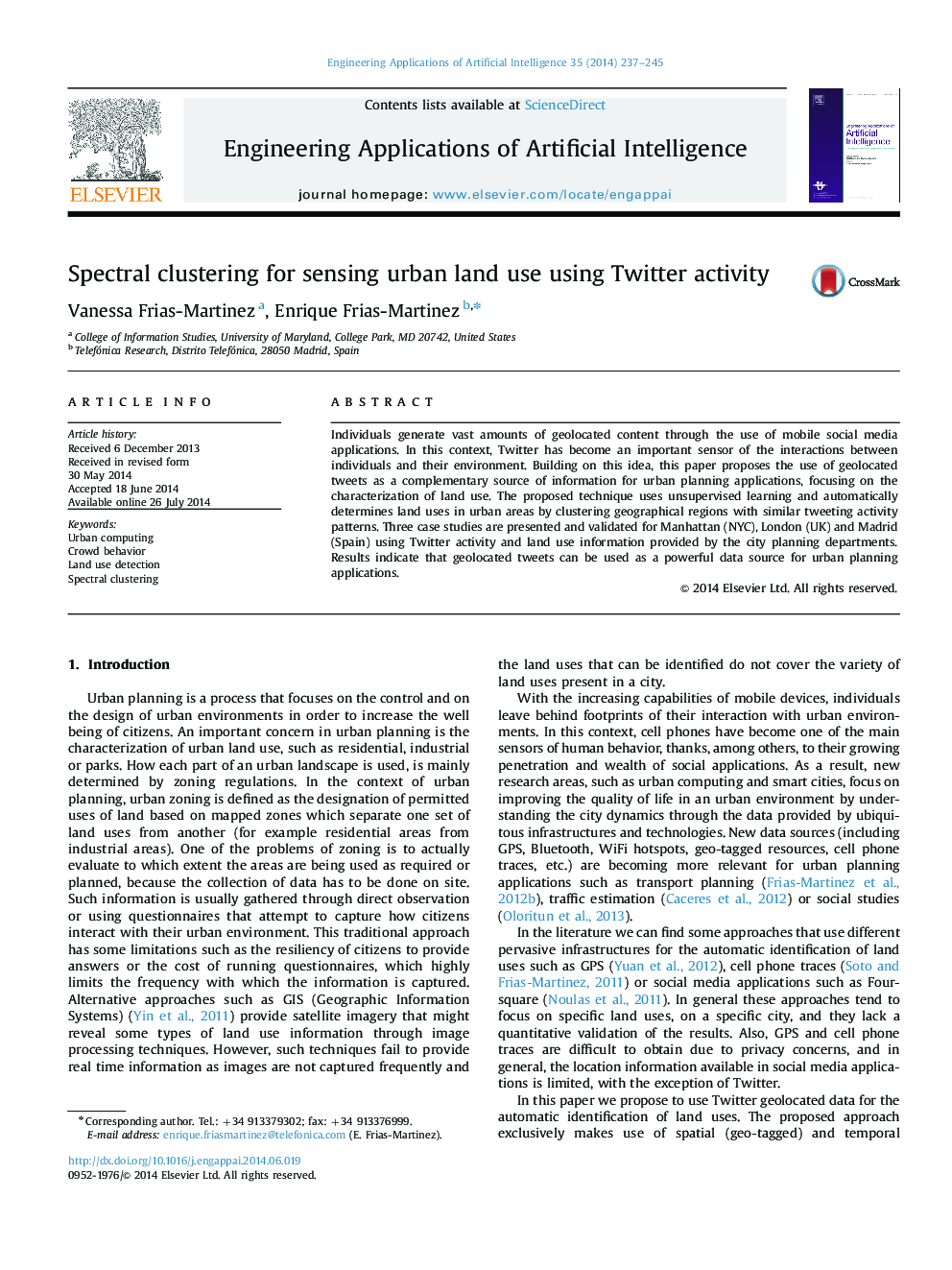 Spectral clustering for sensing urban land use using Twitter activity