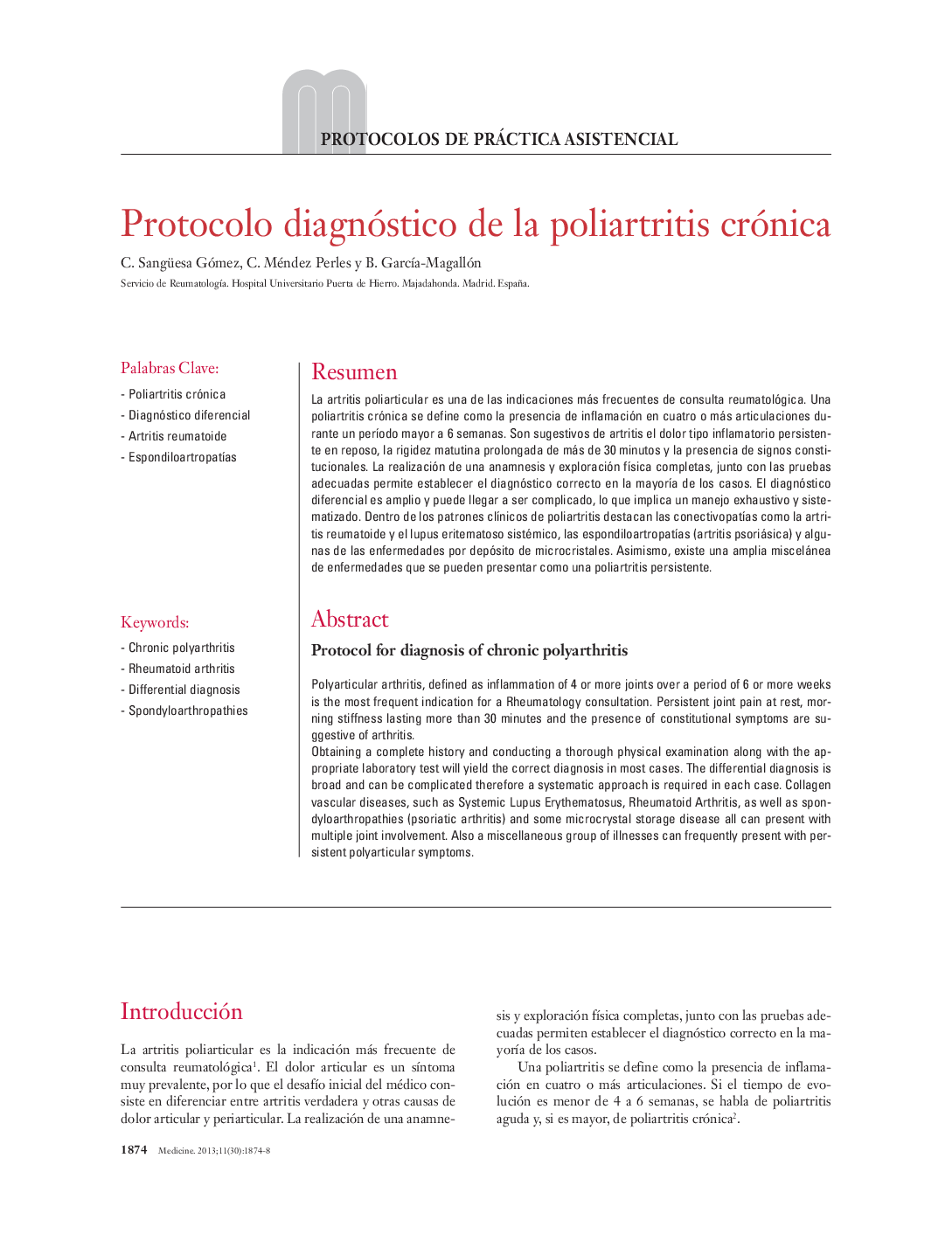 Protocolo diagnóstico de la poliartritis crónica