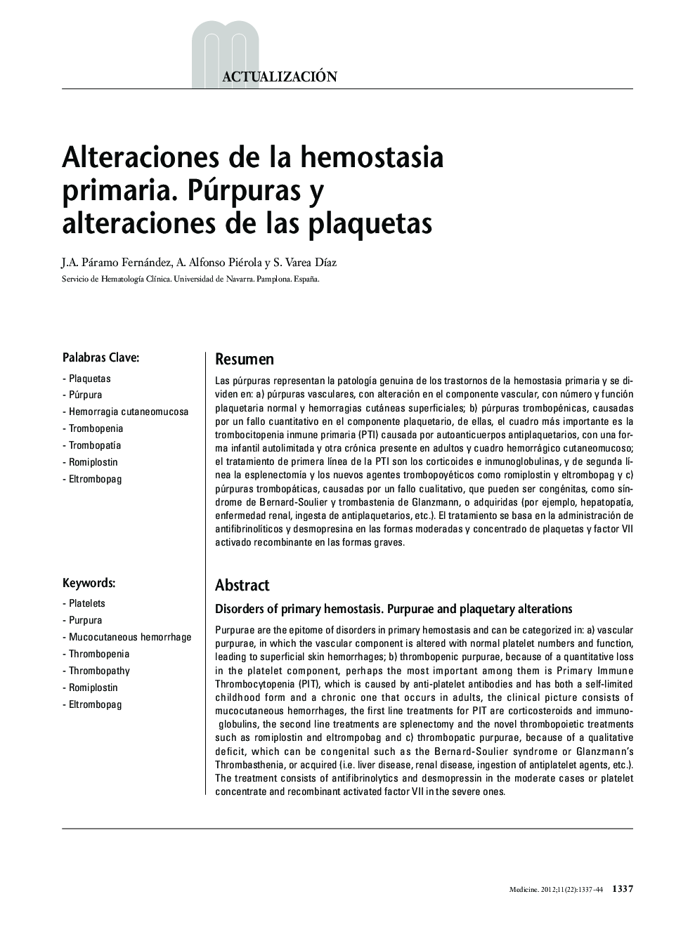 Alteraciones de la hemostasia primaria. Púrpuras y alteraciones de las plaquetas