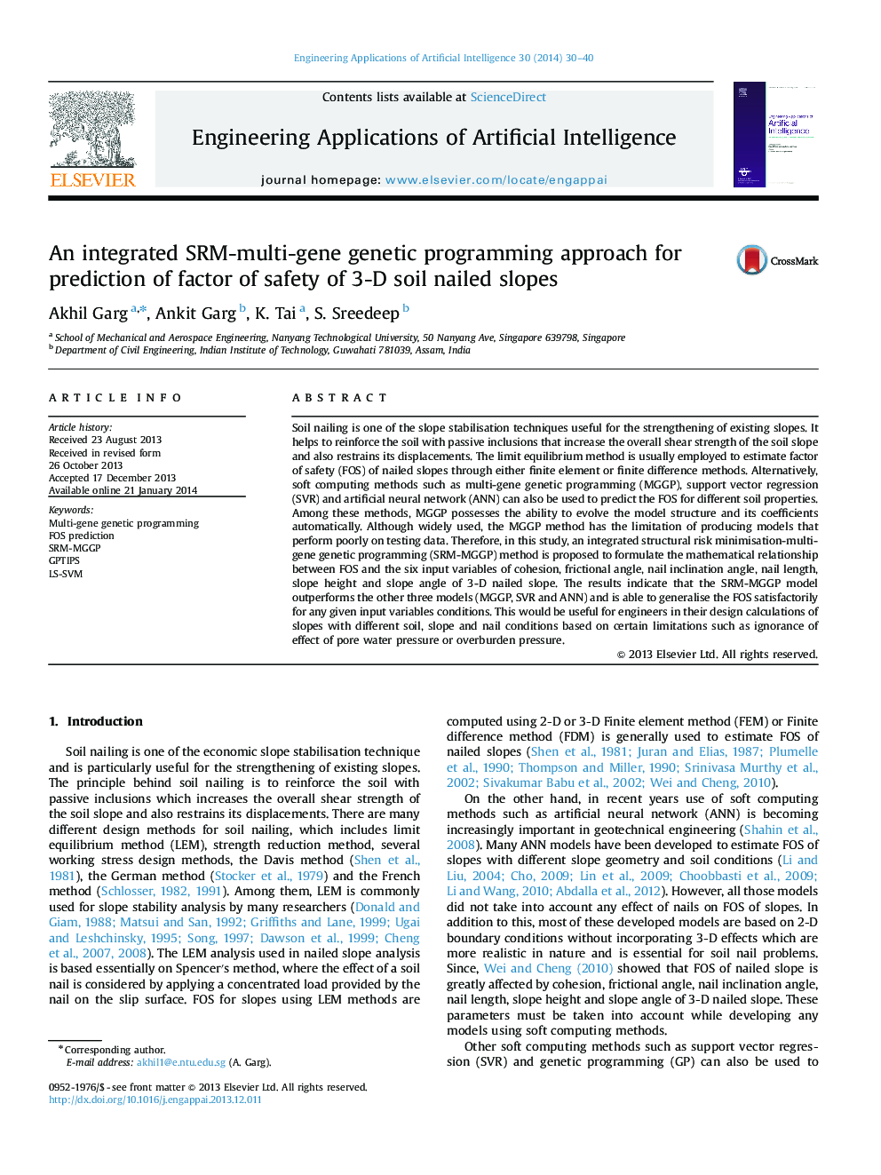عکس صفحه اول مقاله: An integrated SRM-multi-gene genetic programming approach for prediction of factor of safety of 3-D soil nailed slopes An integrated SRM-multi-gene genetic programming approach for prediction of factor of safety of 3-D soil nailed slopes