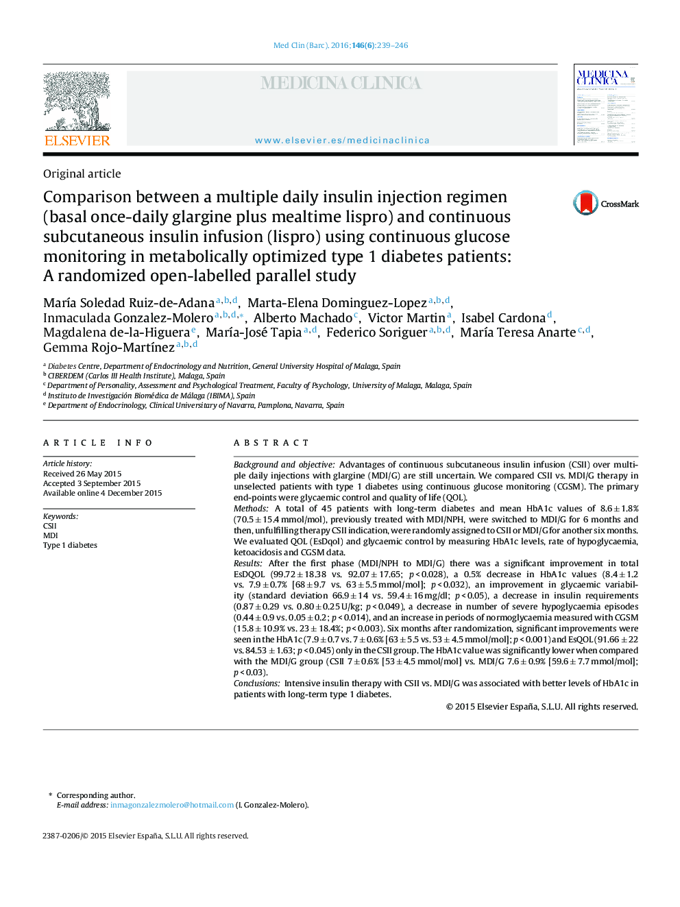 Comparison between a multiple daily insulin injection regimen (basal once-daily glargine plus mealtime lispro) and continuous subcutaneous insulin infusion (lispro) using continuous glucose monitoring in metabolically optimized type 1 diabetes patients: A