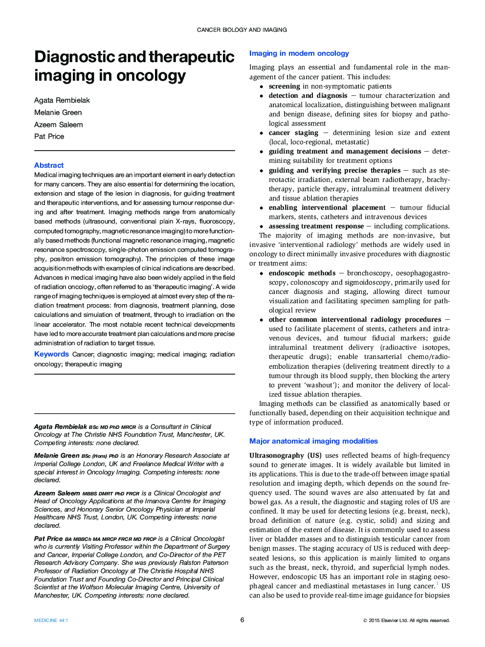 Diagnostic and therapeutic imaging in oncology