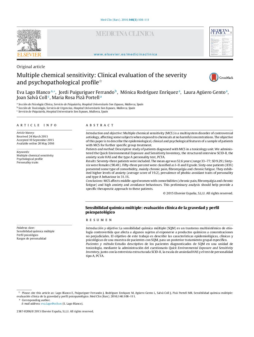 Multiple chemical sensitivity: Clinical evaluation of the severity and psychopathological profile 