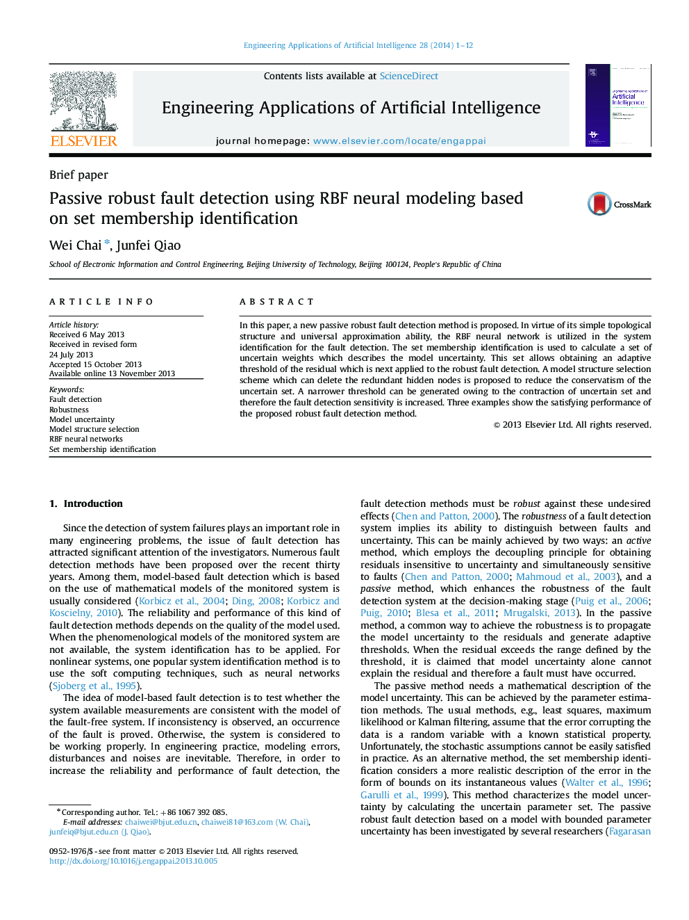 Passive robust fault detection using RBF neural modeling based on set membership identification