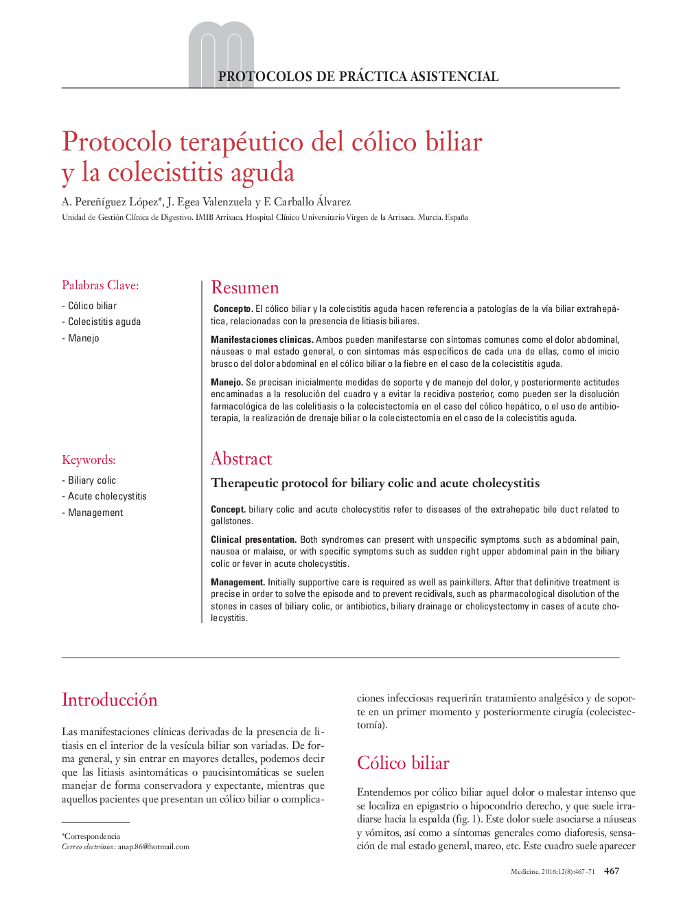 Protocolo terapéutico del cólico biliar y la colecistitis aguda