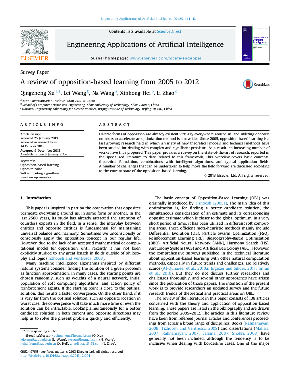 A review of opposition-based learning from 2005 to 2012