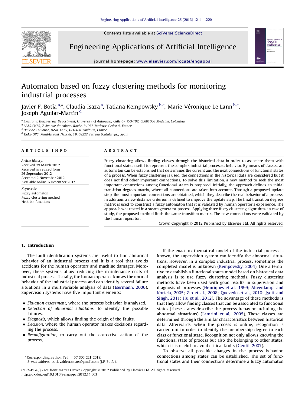 Automaton based on fuzzy clustering methods for monitoring industrial processes