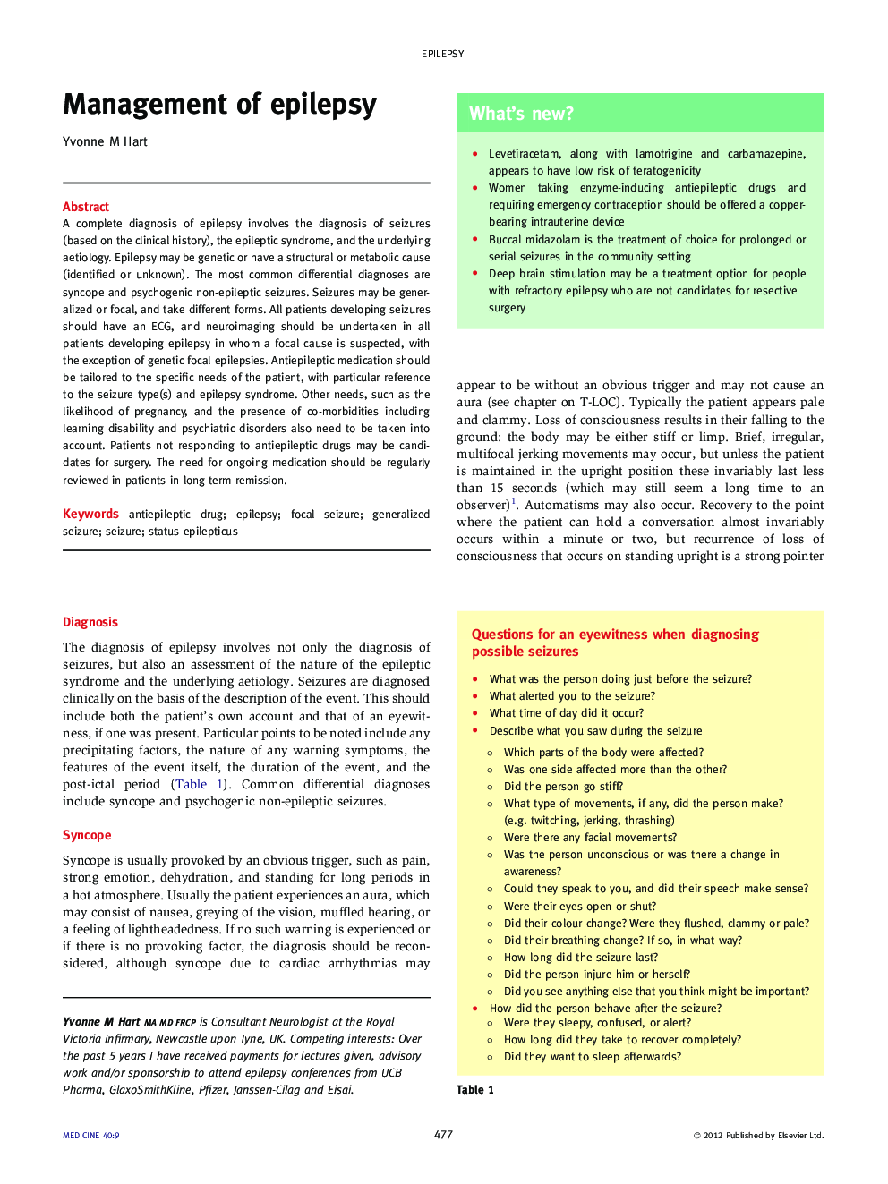 Management of epilepsy