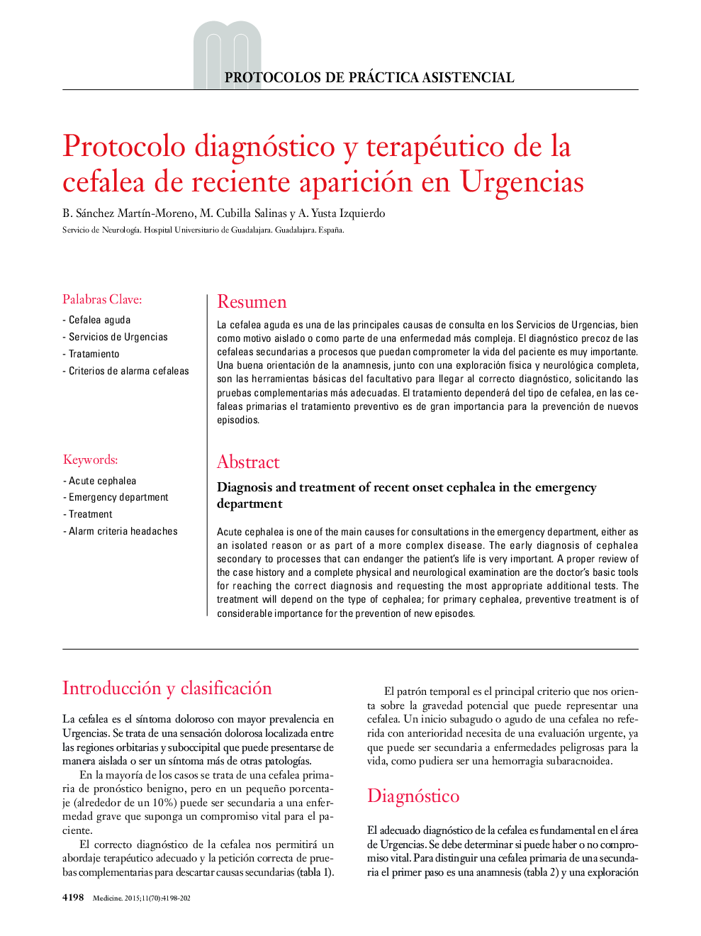 Protocolo diagnóstico y terapéutico de la cefalea de reciente aparición en Urgencias