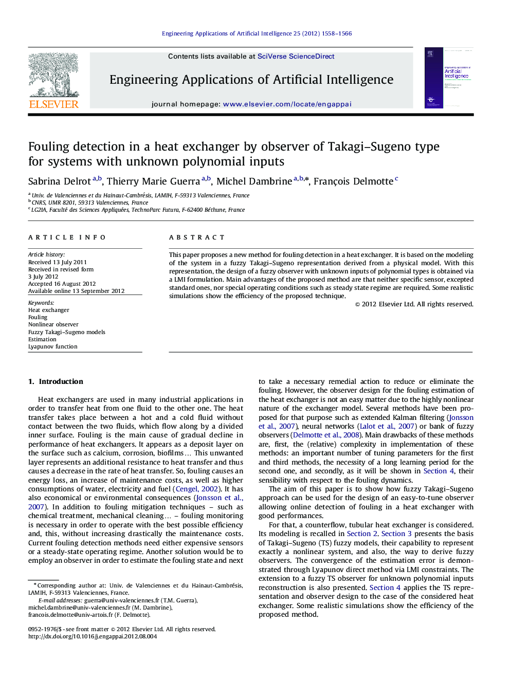 Fouling detection in a heat exchanger by observer of Takagi–Sugeno type for systems with unknown polynomial inputs