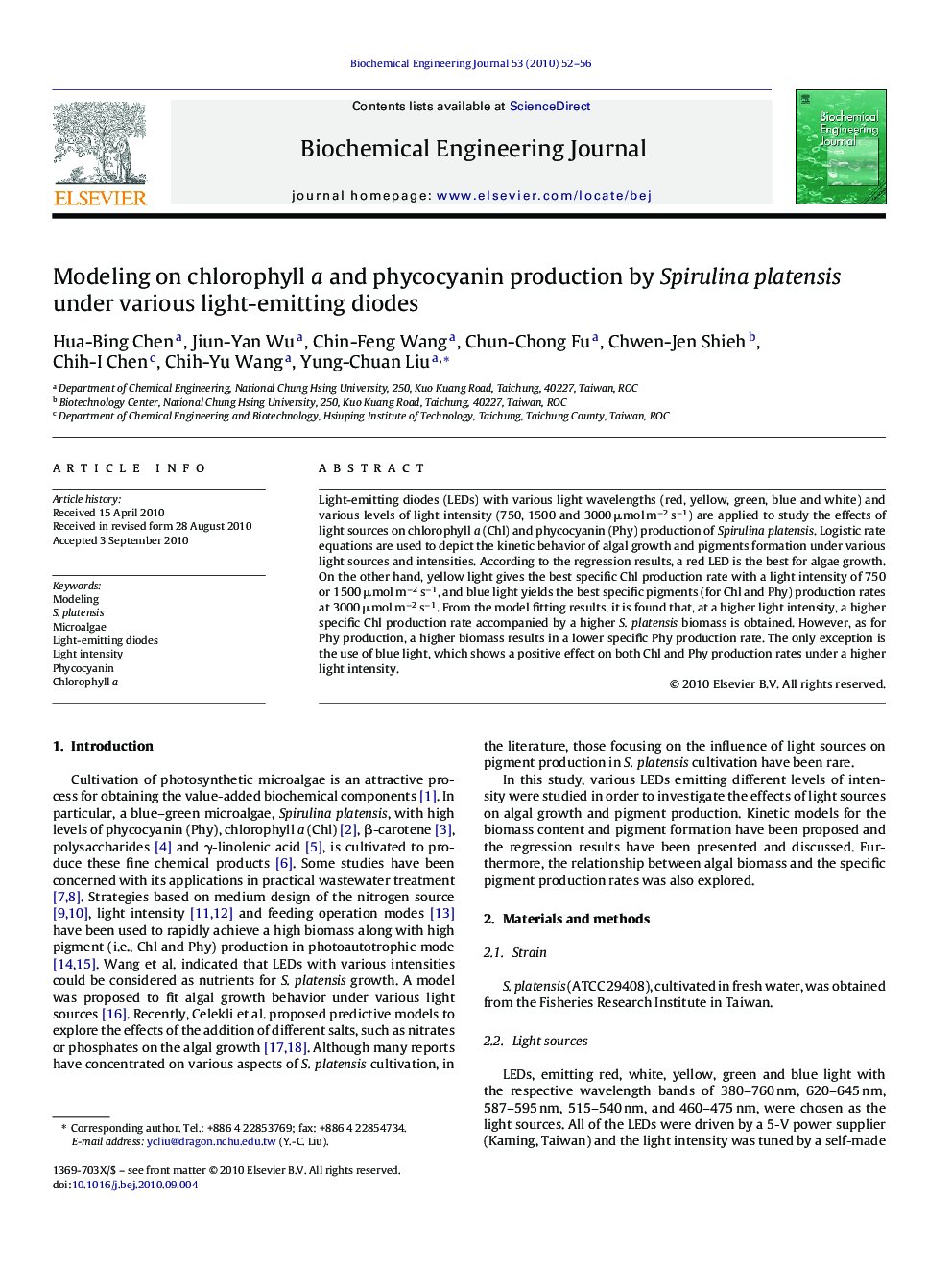 Modeling on chlorophyll a and phycocyanin production by Spirulina platensis under various light-emitting diodes