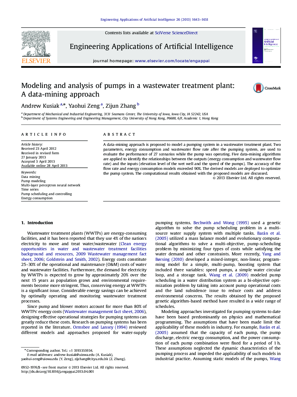 Modeling and analysis of pumps in a wastewater treatment plant: A data-mining approach