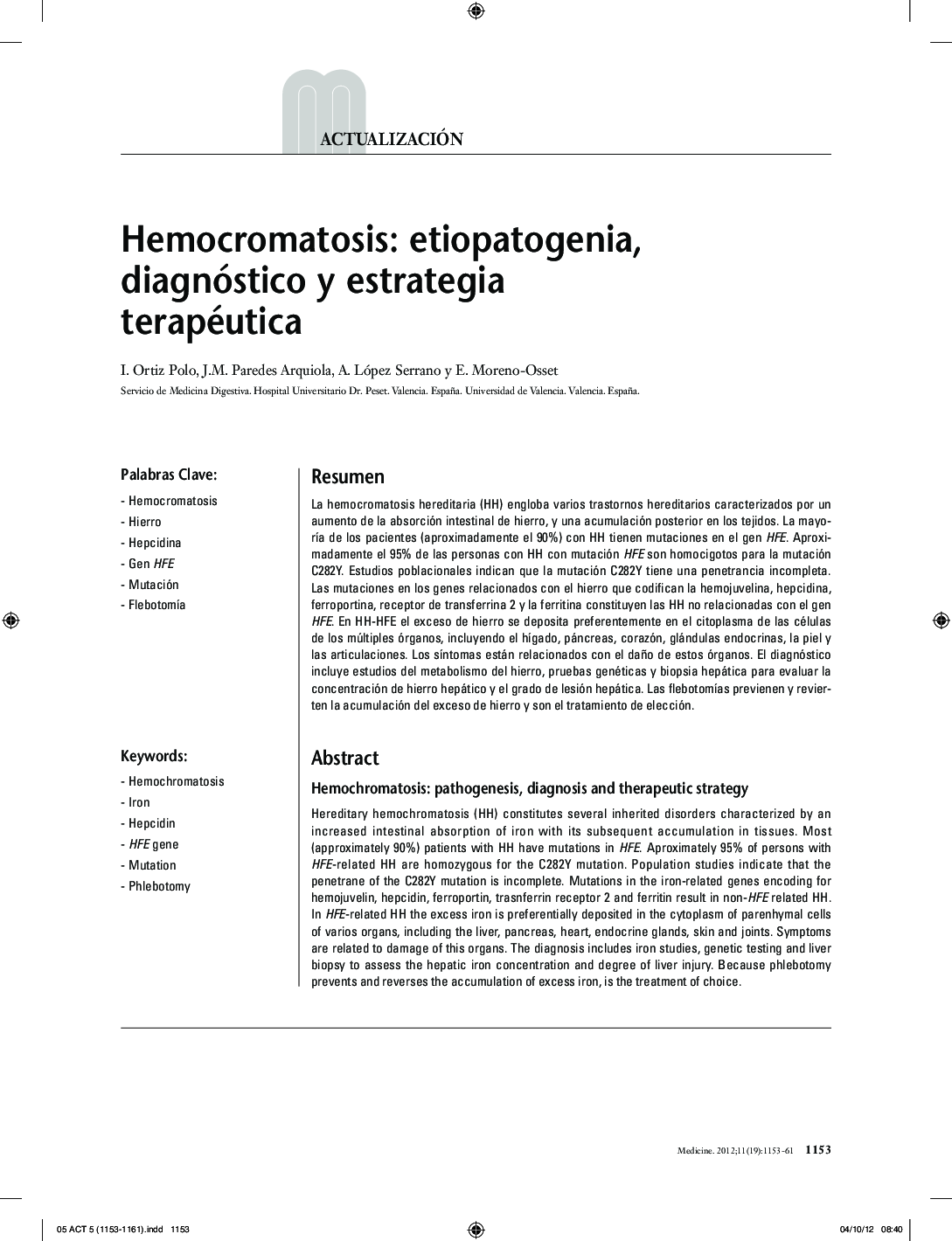 Hemocromatosis: etiopatogenia, diagnóstico y estrategia terapéutica