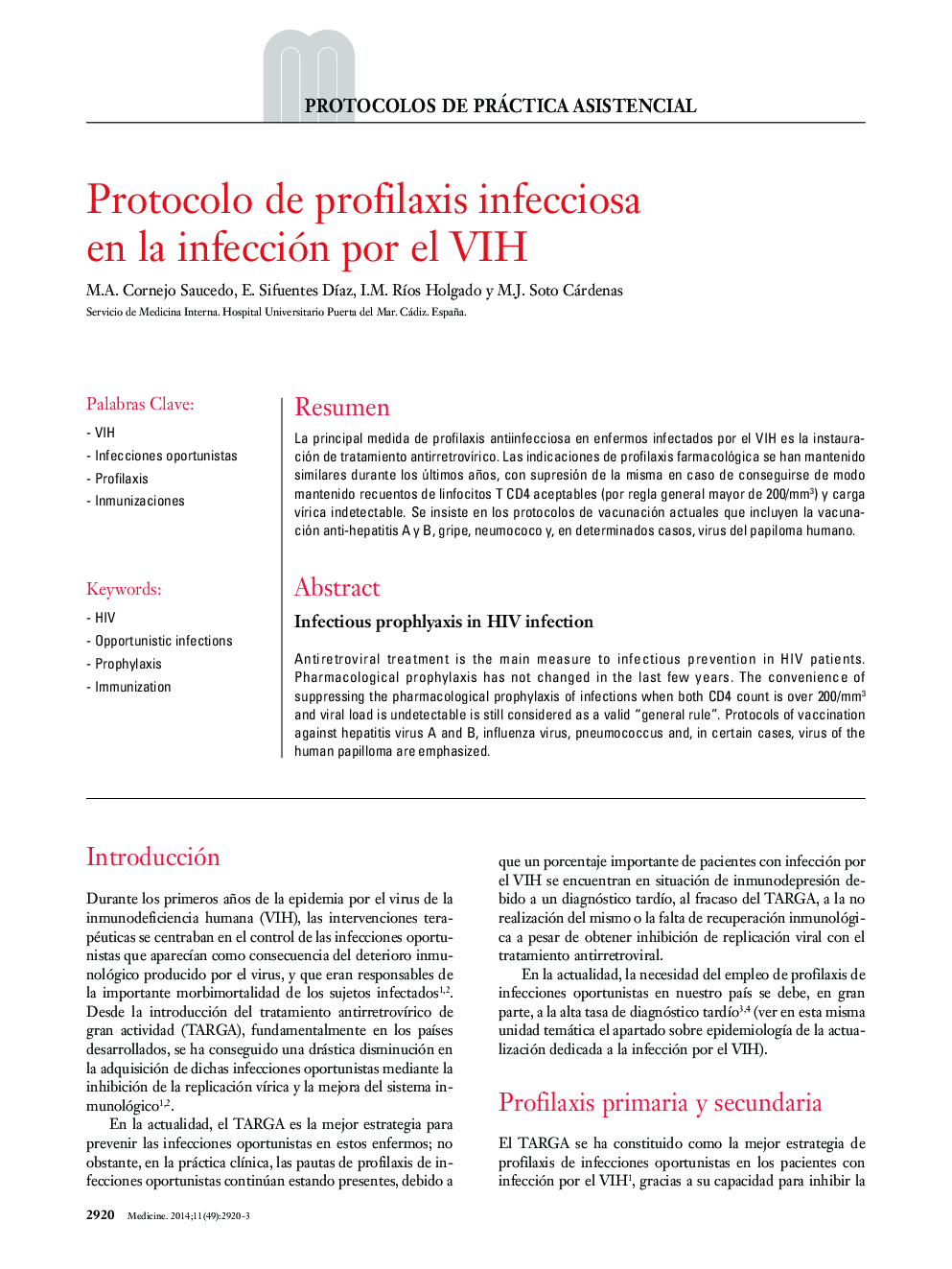 Protocolo de profilaxis infecciosa en la infección por el VIH