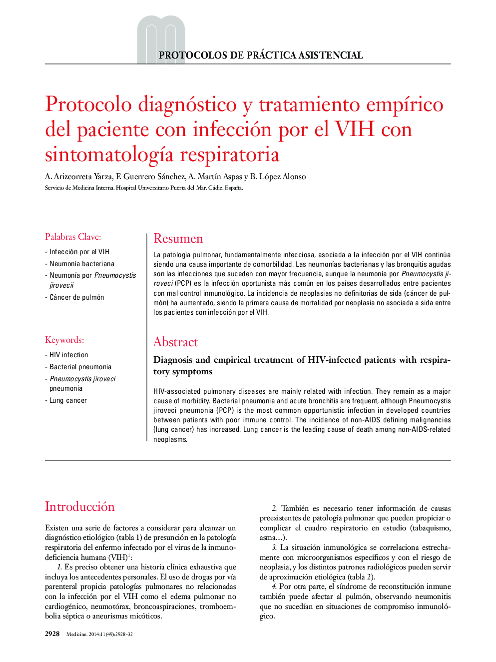 Protocolo diagnóstico y tratamiento empírico del paciente con infección por el VIH con sintomatología respiratoria