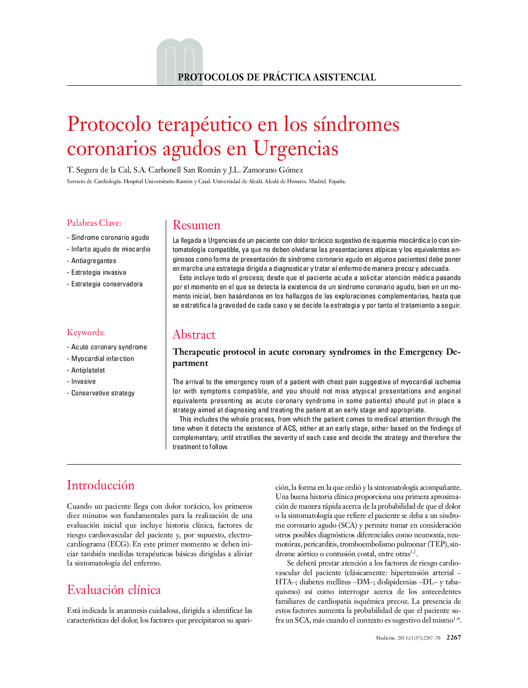 Protocolo terapéutico en los síndromes coronarios agudos en Urgencias