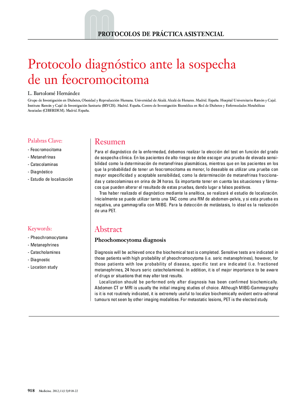 Protocolo diagnóstico ante la sospecha de un feocromocitoma