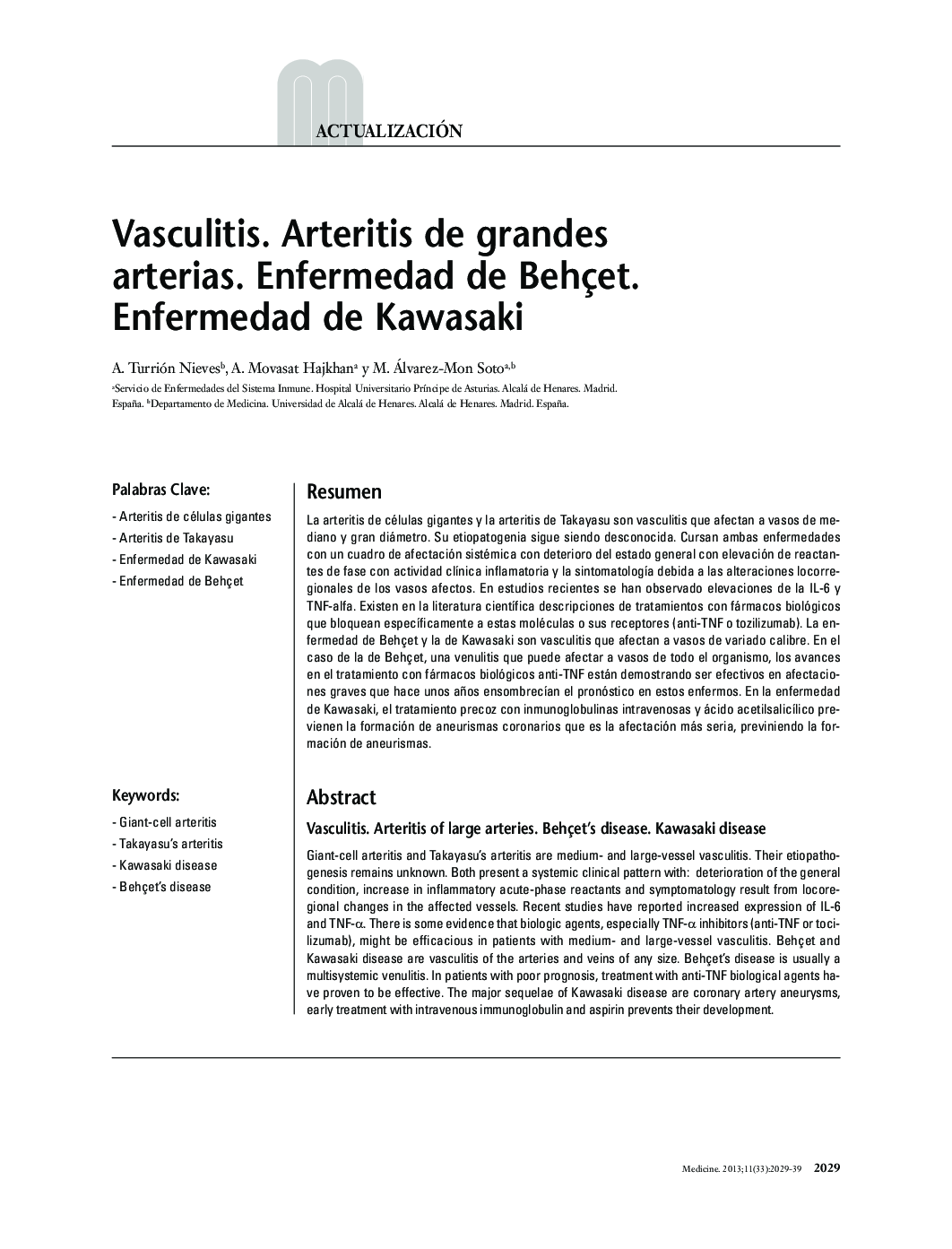 Vasculitis. Arteritis de grandes arterias. Enfermedad de Behçet. Enfermedad de Kawasaki