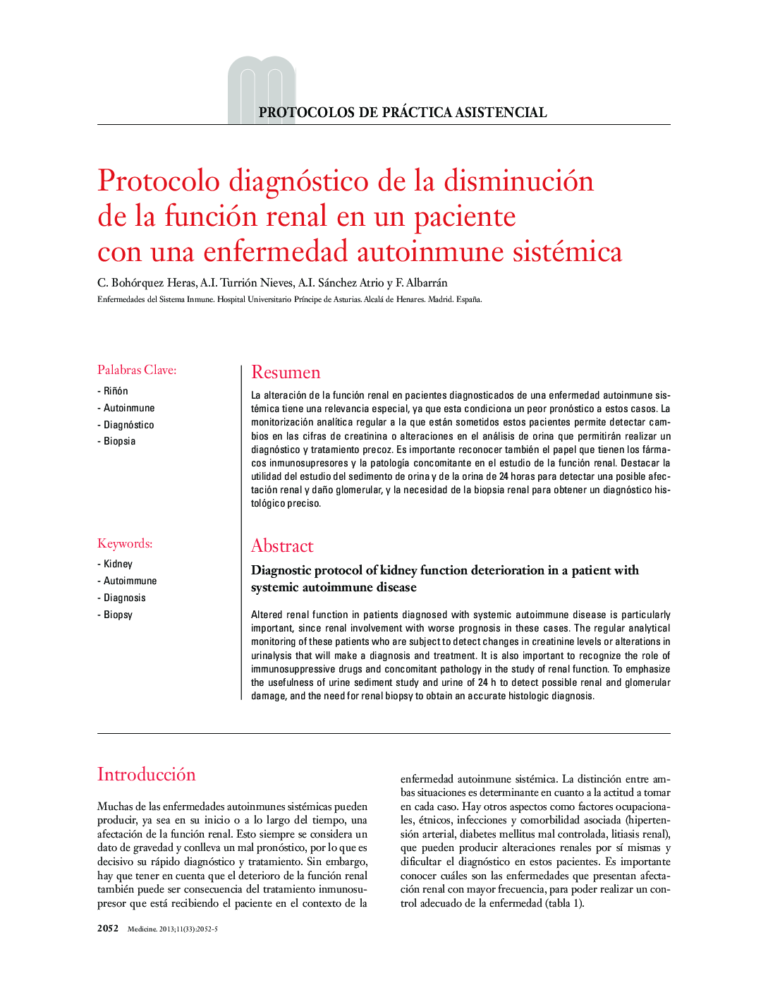 Protocolo diagnóstico de la disminución de la función renal en un paciente con una enfermedad autoinmune sistémica