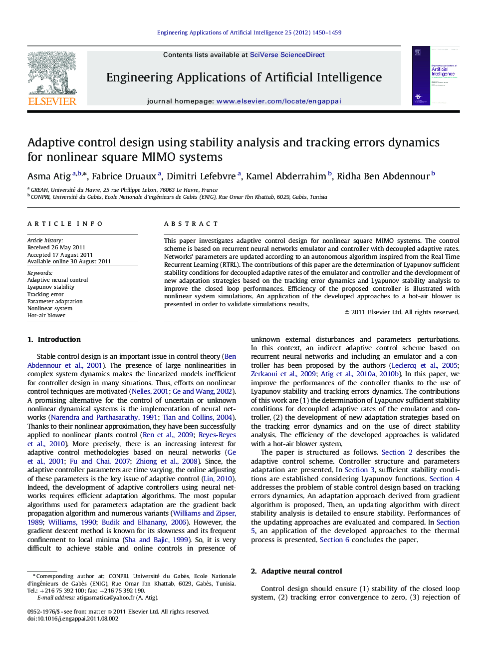 Adaptive control design using stability analysis and tracking errors dynamics for nonlinear square MIMO systems