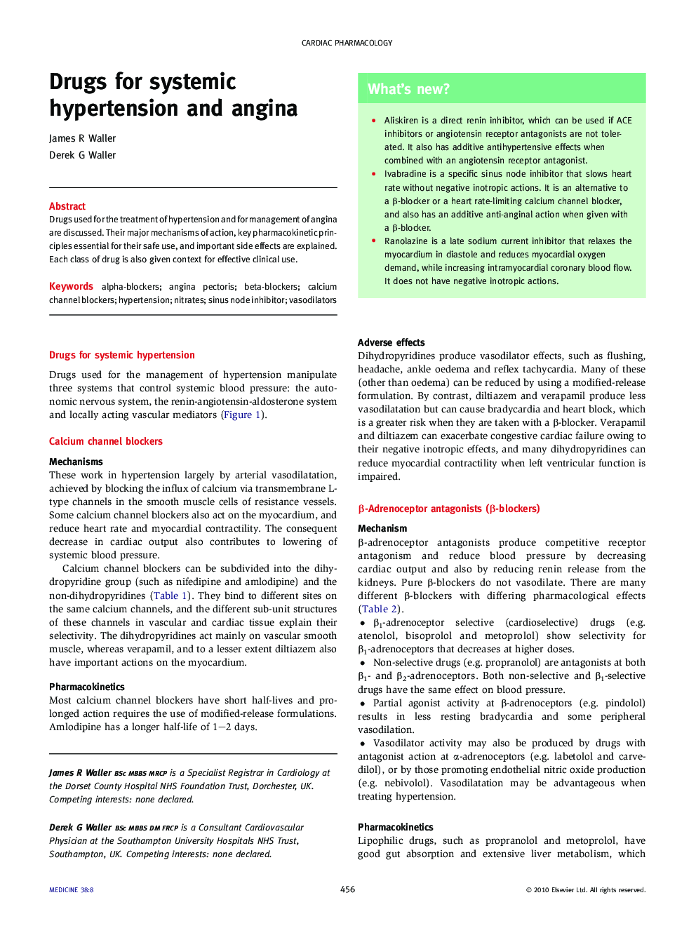 Drugs for systemic hypertension and angina