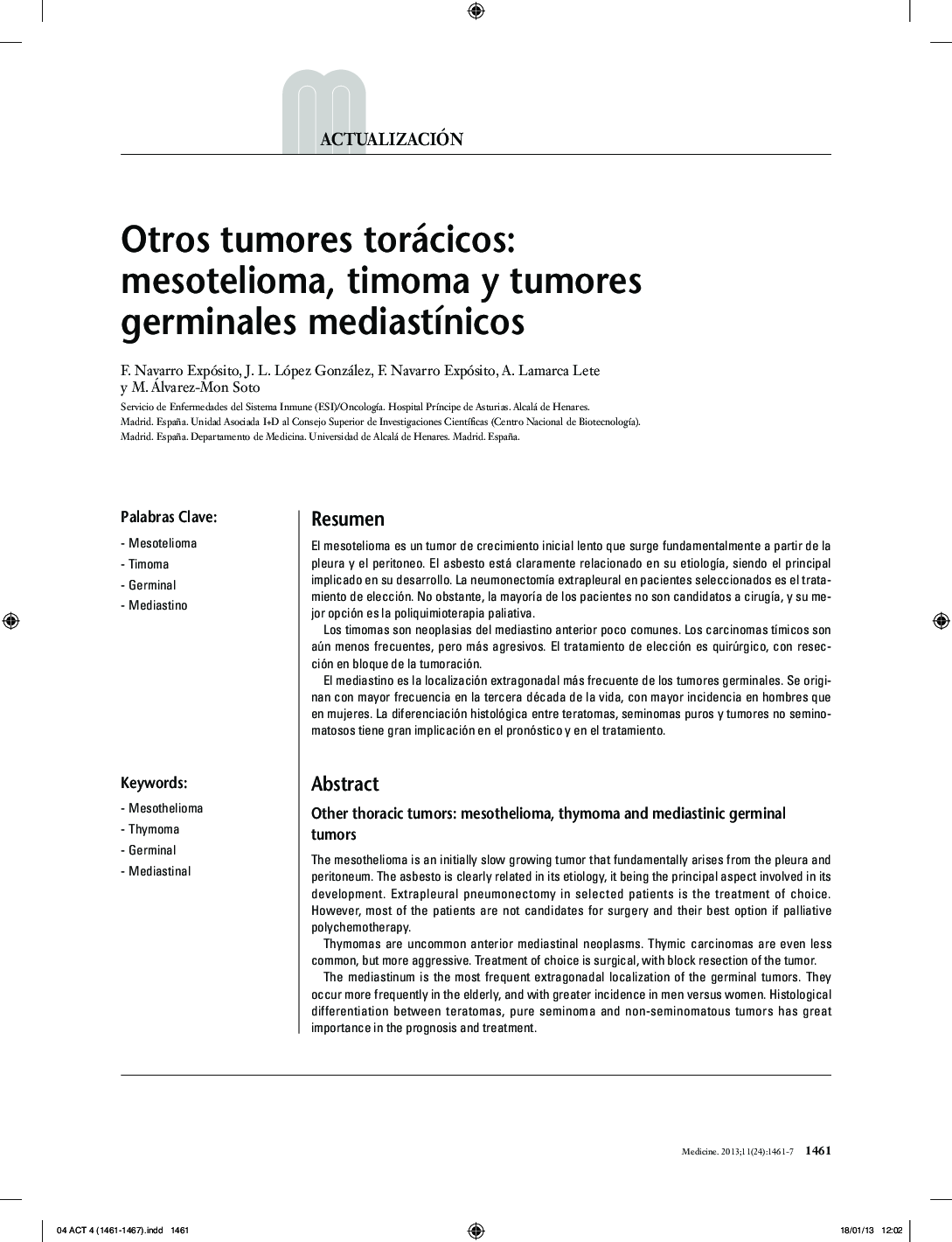 Otros tumores torácicos: mesotelioma, timoma y tumores germinales mediastínicos