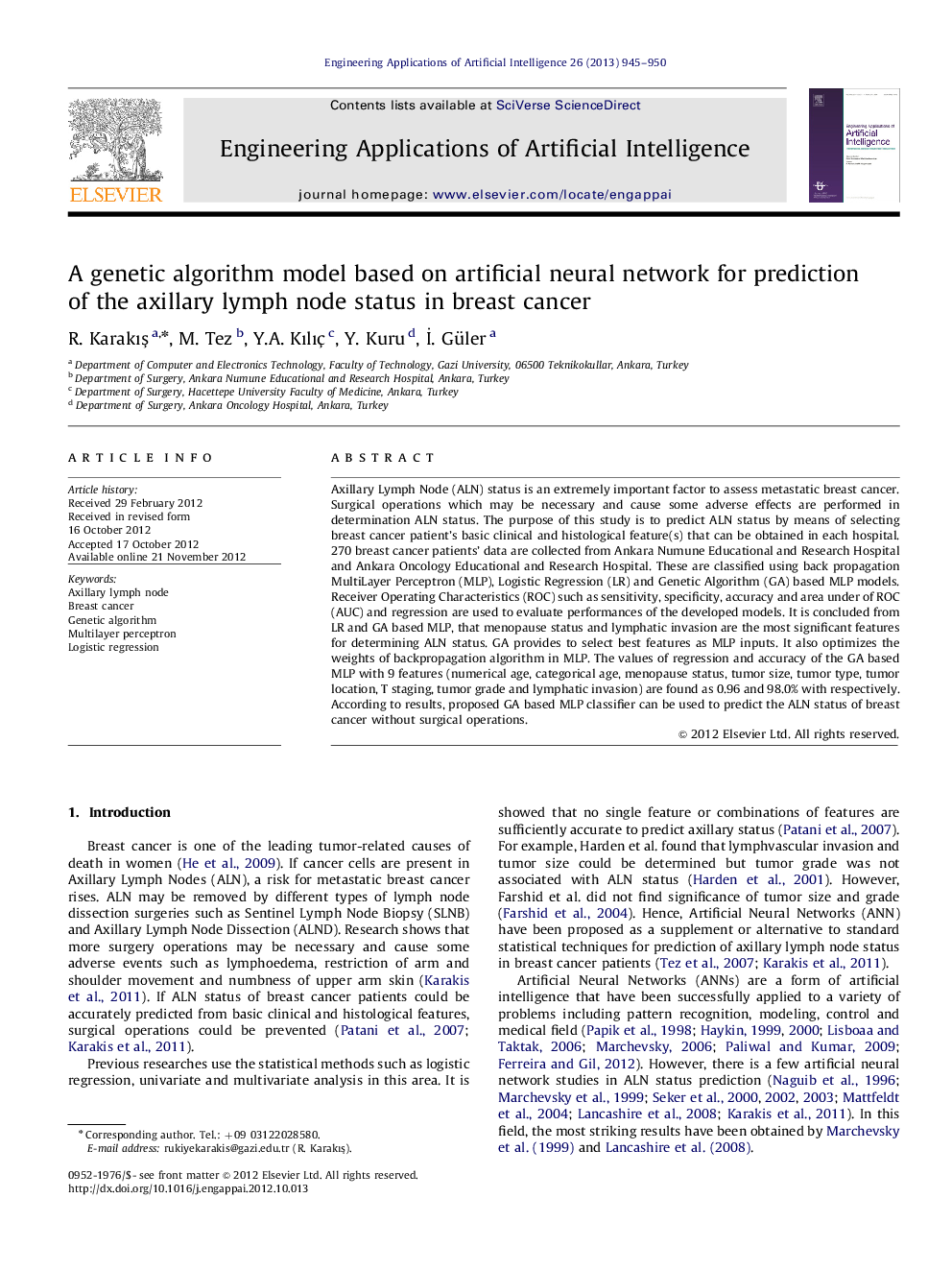 A genetic algorithm model based on artificial neural network for prediction of the axillary lymph node status in breastcancer