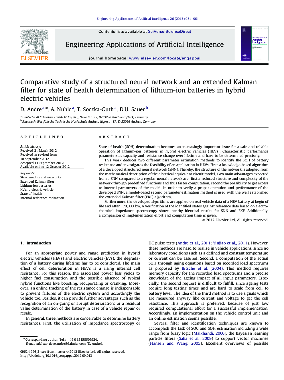 Comparative study of a structured neural network and an extended Kalman filter for state of health determination of lithium-ion batteries in hybrid electricvehicles