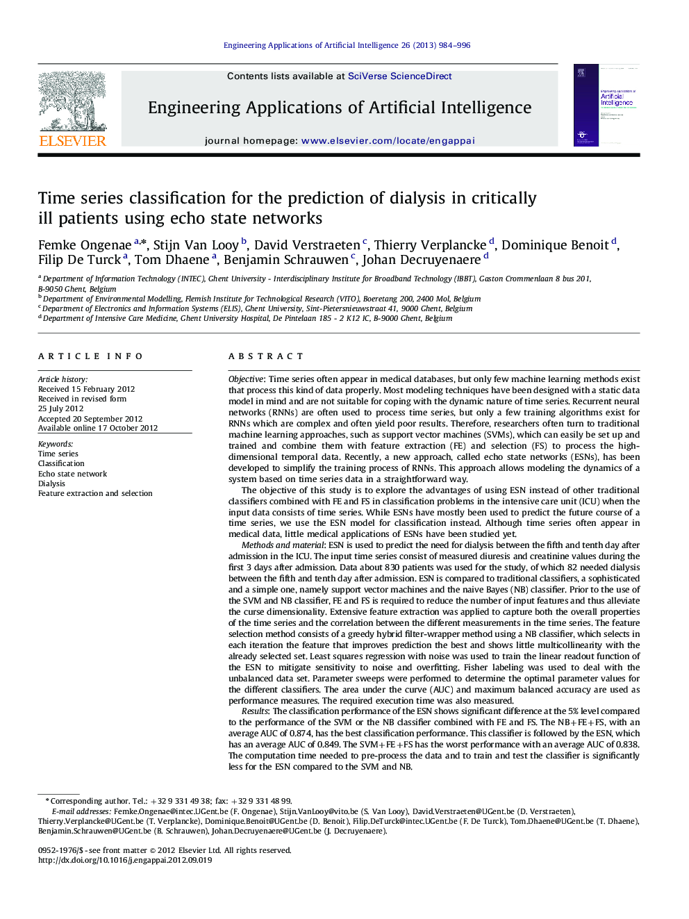 Time series classification for the prediction of dialysis in critically ill patients using echo statenetworks