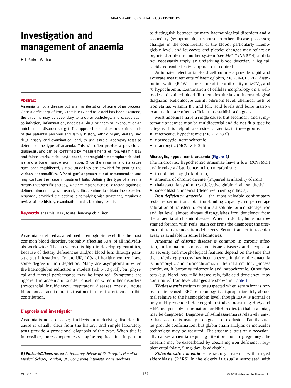 Investigation and management of anaemia