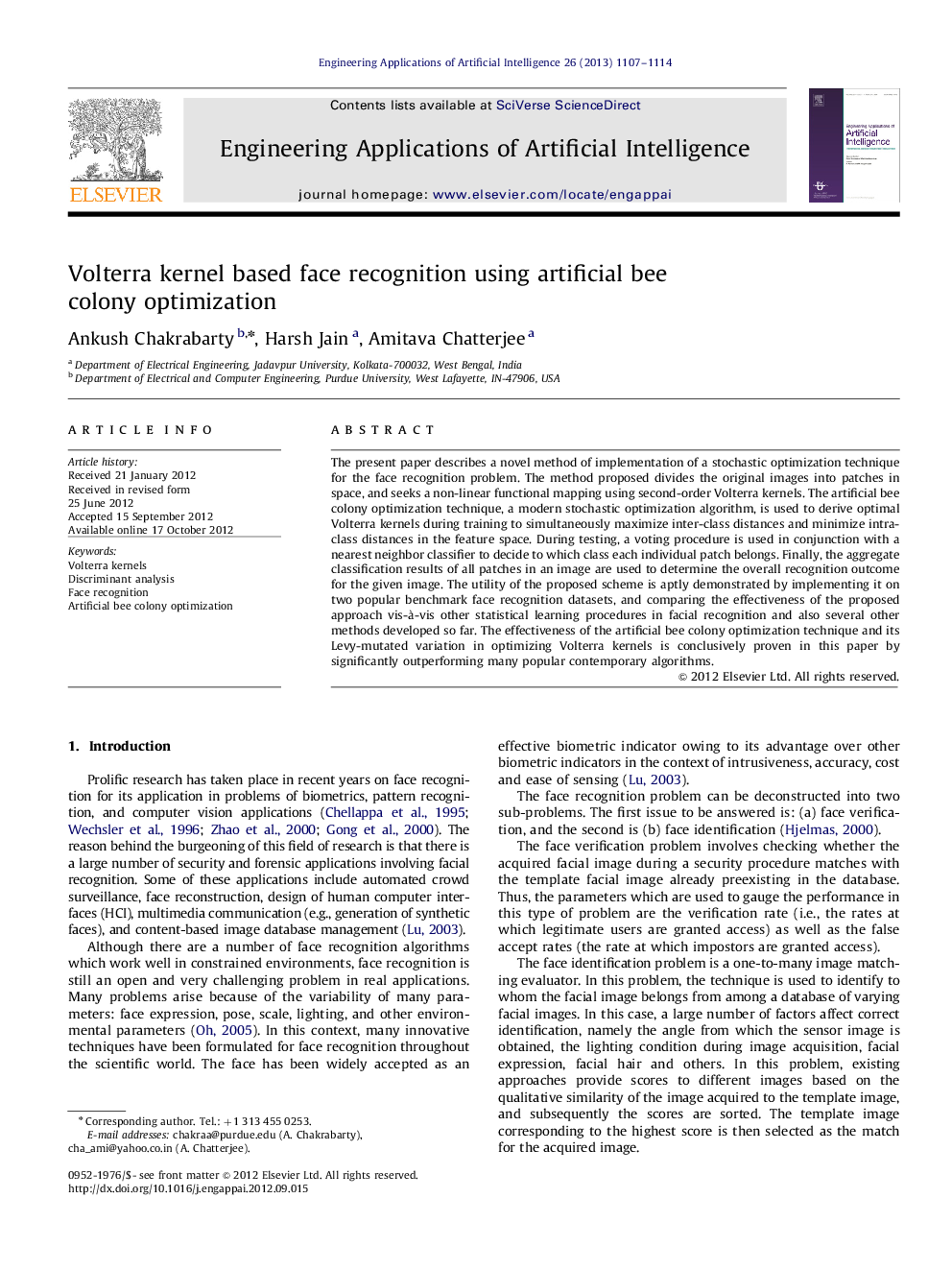 Volterra kernel based face recognition using artificial bee colonyoptimization