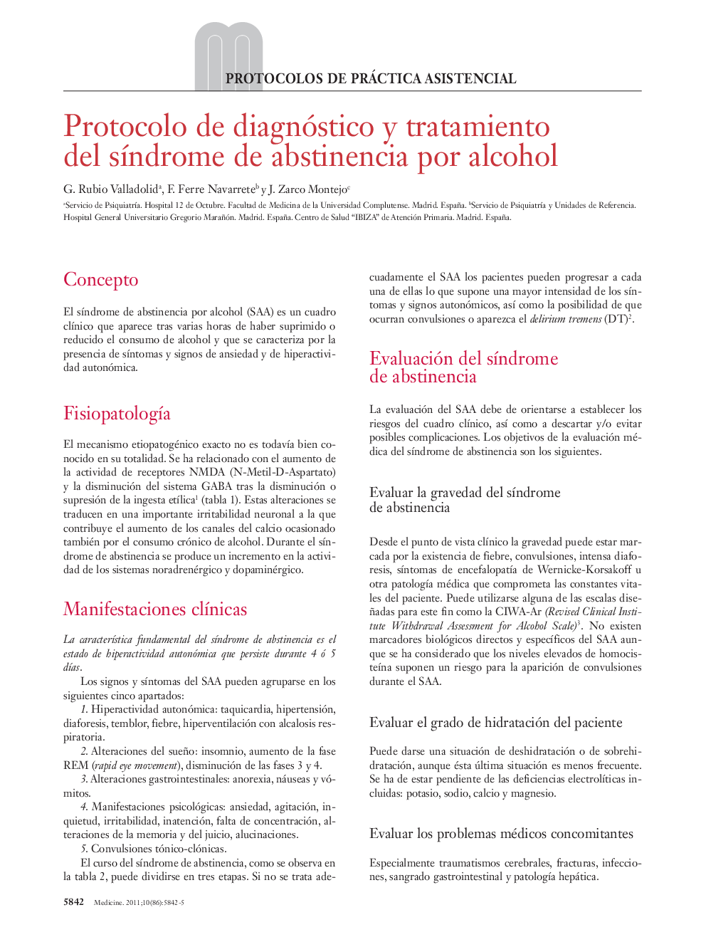 Protocolo de diagnóstico y tratamiento del sÃ­ndrome de abstinencia por alcohol