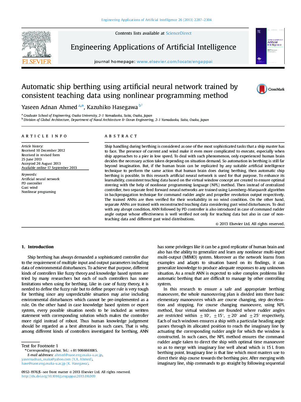 Automatic ship berthing using artificial neural network trained by consistent teaching data using nonlinear programming method