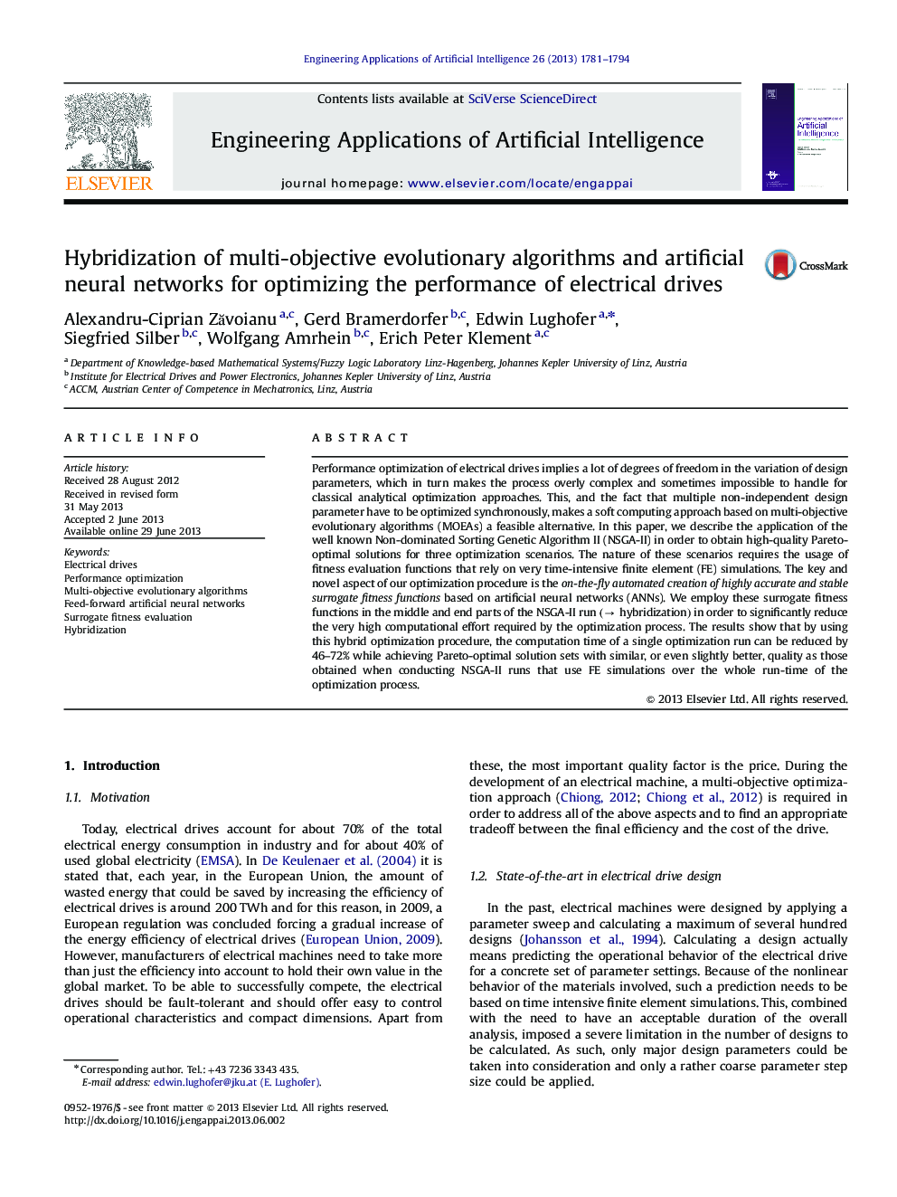 عکس صفحه اول مقاله: Hybridization of multi-objective evolutionary algorithms and artificial neural networks for optimizing the performance of electrical drives Hybridization of multi-objective evolutionary algorithms and artificial neural networks for optimizing the performance of electrical drives