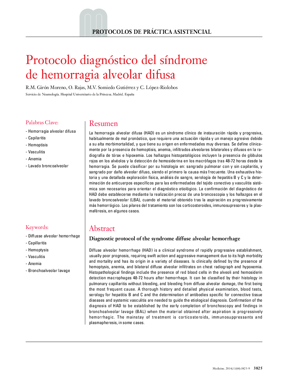 Protocolo diagnóstico del sÃ­ndrome de hemorragia alveolar difusa