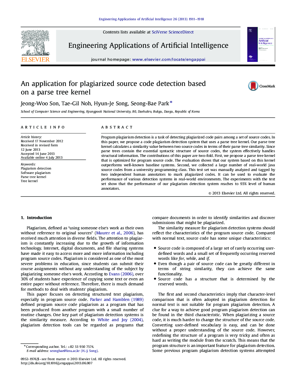 An application for plagiarized source code detection based on a parse tree kernel